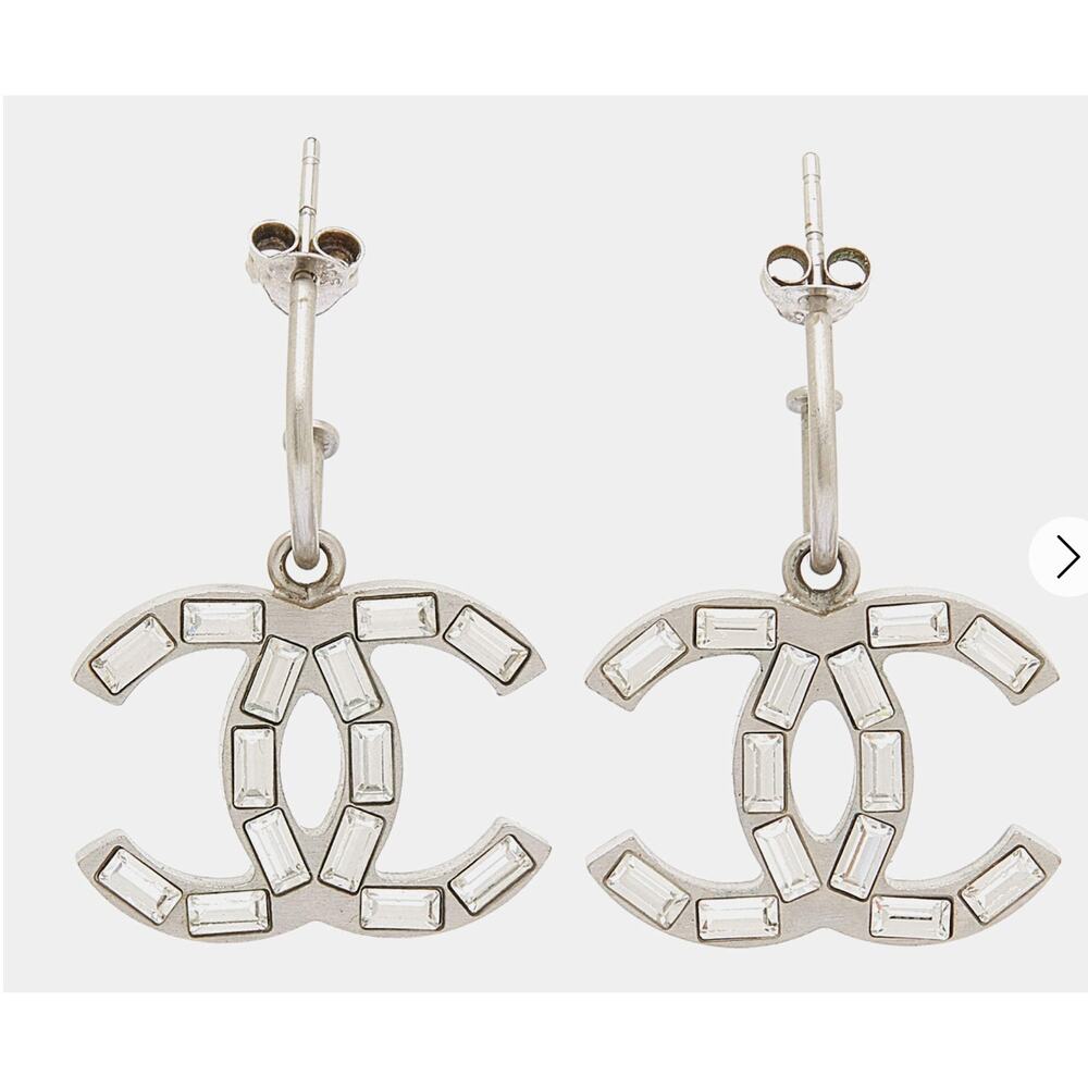 Chanel Baguette Stone Logo Silver Earrings Boucles Oreille Crystal